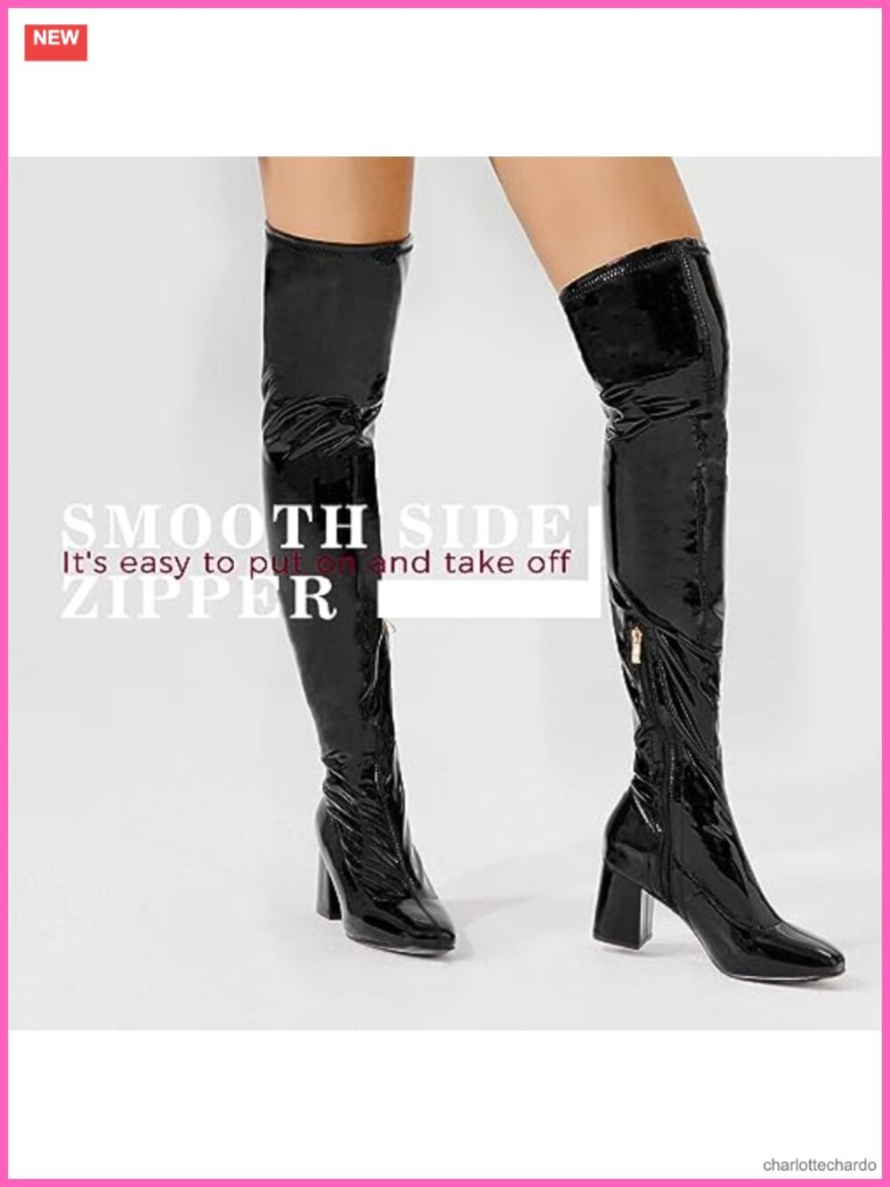 Patent Leather PU Chunky Heel Over the Knee Boots Square Toe Side Zipper Gogo - Picture 4 of 6